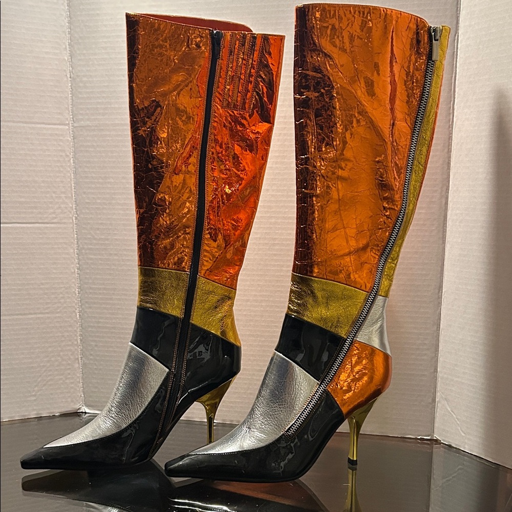 Jeffrey Campbell Metallic Orange, Gold, Black & Silver Knee-High Heeled Boots